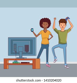 Millennial people gaming party using smartphone with tv screen vector illustration graphic design