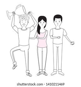 Millennial people gaming party using smartphone guy holding up trophy black and white vector illustration graphic design