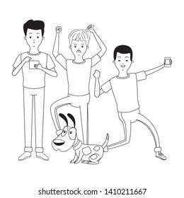 Millennial people gaming party using smartphone and cute pet dog black and white vector illustration graphic design