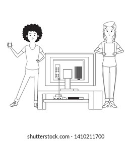 Millennial people gaming party using smartphone tablet user with tv screen black and white vector illustration graphic design