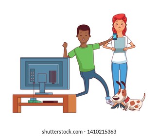 Millennial people gaming party using smartphone tablet user with tv screen vector illustration graphic design