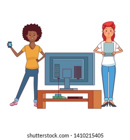 Millennial people gaming party using smartphone tablet user with tv screen vector illustration graphic design