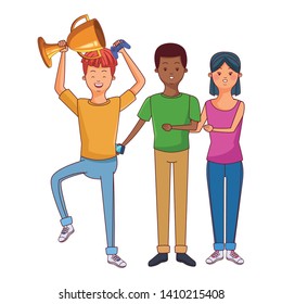 Millennial people gaming party using smartphone guy holding up trophy vector illustration graphic design