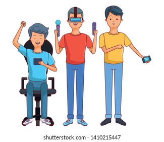 Millennial people gaming party using smartphone wearing vr headset vector illustration graphic design