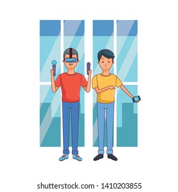 Millennial people tech and game party meeting using vr headset using smartphone inside home scenery vector illustration graphic design