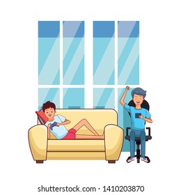 Millennial people tech and game party meeting guy playing sitting on couch using smartphone inside home scenery vector illustration graphic design