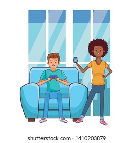 Millennial people tech and game party meeting guy playing sitting on couch using smartphone inside home scenery vector illustration graphic design