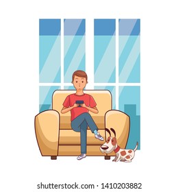 Millennial people tech and game party meeting guy playing sitting on couch using smartphone and pet dog inside home scenery vector illustration graphic design