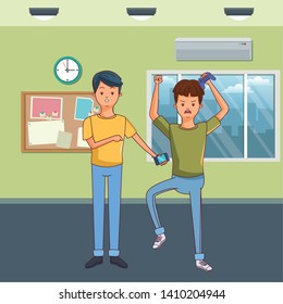Millennial people tech and game party meeting using smartphone inside home scenery vector illustration graphic design