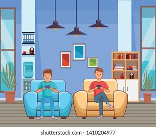 Millennial people tech and game party meeting guy playing sitting on couch using smartphone inside home scenery vector illustration graphic design