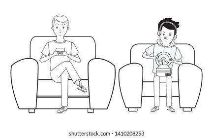 Millennial people tech and game party meeting guy playing sitting on couch