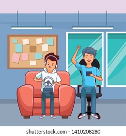 Millennial people tech and game party meeting guy playing sitting on couch using smartphone inside home scenery vector illustration graphic design