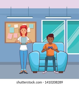 Millennial people tech and game party meeting guy playing sitting on couch inside home scenery vector illustration graphic design