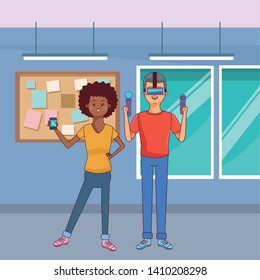 Millennial people tech and game party meeting using vr headset using smartphone inside home scenery vector illustration graphic design