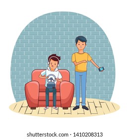 Millennial people tech and game party meeting guy playing sitting on couch using smartphone inside home scenery vector illustration graphic design