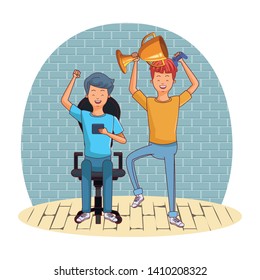 Millennial people tech and game party redhead meeting lifting trophy using smartphone inside home scenery vector illustration graphic design
