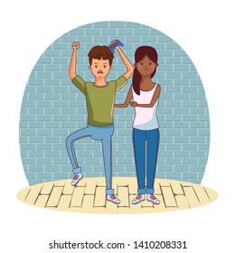 Millennial people tech and game party meeting holding controller up inside home scenery vector illustration graphic design