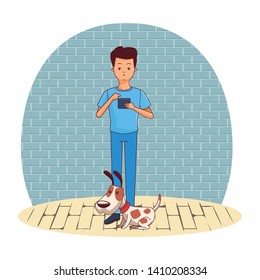 Millennial people tech and game party meeting using smartphone and pet dog inside home scenery vector illustration graphic design