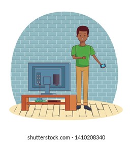 Millennial people tech and game party meeting using smartphone with tv screen inside home scenery vector illustration graphic design