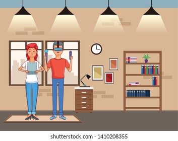 Millennial people tech and game party meeting using vr headset tablet user inside home scenery vector illustration graphic design