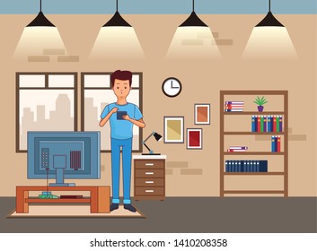 Millennial people tech and game party meeting using smartphone with tv screen inside home scenery vector illustration graphic design