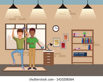 Millennial people tech and game party meeting using smartphone holding controller inside home scenery vector illustration graphic design