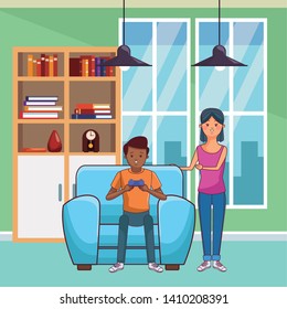 Millennial people tech and game party meeting guy playing sitting on couch inside home scenery vector illustration graphic design