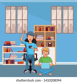 Millennial people tech and game party meeting using smartphone laptop user inside home scenery vector illustration graphic design