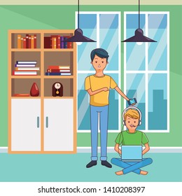 Millennial people tech and game party meeting using smartphone laptop user inside home scenery vector illustration graphic design