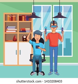 Millennial people tech and game party meeting using vr headset inside home scenery vector illustration graphic design