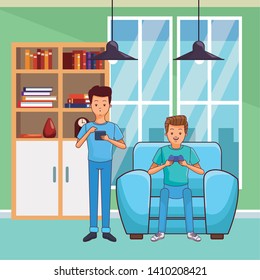Millennial people tech and game party meeting guy playing sitting on couch inside home scenery vector illustration graphic design