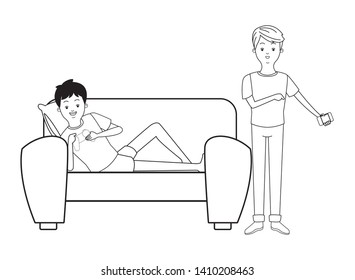 Millennial people tech and game party meeting guy playing sitting on couch using smartphone