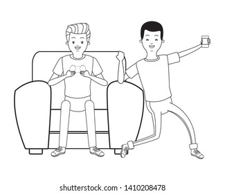 Millennial people tech and game party meeting guy playing sitting on couch using smartphone
