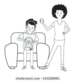 Millennial people tech and game party meeting guy playing sitting on couch using smartphone