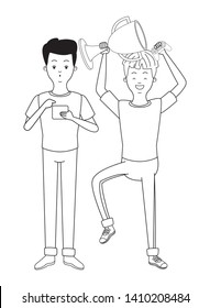 Millennial people tech and game party redhead meeting lifting trophy using smartphone