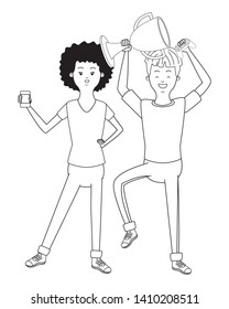 Millennial people tech and game party redhead meeting lifting trophy using smartphone