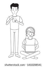Millennial people tech and game party meeting using smartphone laptop user