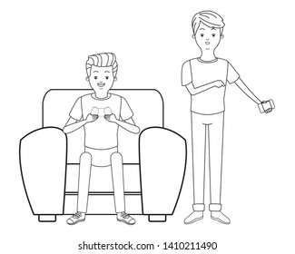 Millennial people tech and game party meeting guy playing sitting on couch using smartphone