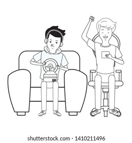 Millennial people tech and game party meeting guy playing sitting on couch using smartphone