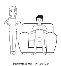 Millennial people tech and game party meeting guy playing sitting on couch