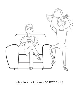 Millennial people tech and game party redhead meeting lifting trophy guy playing sitting on couch using smartphone