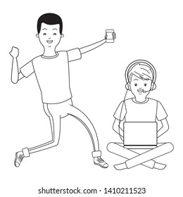 Millennial people tech and game party meeting using smartphone laptop user