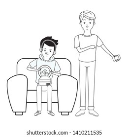 Millennial people tech and game party meeting guy playing sitting on couch using smartphone