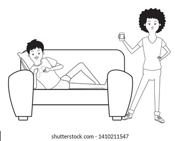 Millennial people tech and game party meeting guy playing sitting on couch using smartphone