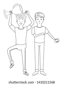Millennial people tech and game party redhead meeting lifting trophy using smartphone