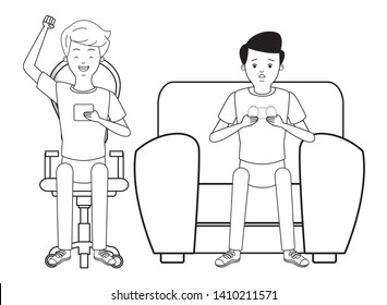 Millennial people tech and game party meeting guy playing sitting on couch using smartphone
