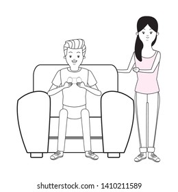 Millennial people tech and game party meeting guy playing sitting on couch