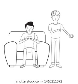Millennial people tech and game party meeting guy playing sitting on couch using smartphone