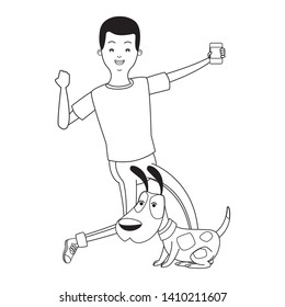 Millennial people tech and game party meeting using smartphone and pet dog