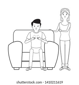 Millennial people tech and game party meeting guy playing sitting on couch